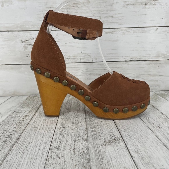 Jeffrey Campbell x Free People Brown Suede Studded Wooden Heel Clog Sandal - Picture 3 of 10